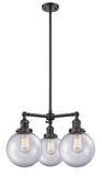 207-OB-G202-8 3-Light 22" Oil Rubbed Bronze Chandelier - Clear Beacon Glass - LED Bulb - Dimmensions: 22 x 22 x 13.75<br>Minimum Height : 22.875<br>Maximum Height : 46.875 - Sloped Ceiling Compatible: Yes