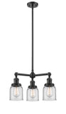 207-OB-G52 3-Light 19" Oil Rubbed Bronze Chandelier - Clear Small Bell Glass - LED Bulb - Dimmensions: 19 x 19 x 11<br>Minimum Height : 20.875<br>Maximum Height : 44.875 - Sloped Ceiling Compatible: Yes