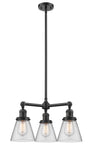 207-OB-G62 3-Light 19" Oil Rubbed Bronze Chandelier - Clear Small Cone Glass - LED Bulb - Dimmensions: 19 x 19 x 11<br>Minimum Height : 20.875<br>Maximum Height : 44.875 - Sloped Ceiling Compatible: Yes