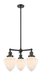 207-OB-G661-7 3-Light 20" Oil Rubbed Bronze Chandelier - Matte White Cased Small Bullet Glass - LED Bulb - Dimmensions: 20 x 20 x 17<br>Minimum Height : 26<br>Maximum Height : 50 - Sloped Ceiling Compatible: Yes