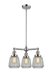 207-PC-G142 3-Light 24" Polished Chrome Chandelier - Clear Chatham Glass - LED Bulb - Dimmensions: 24 x 24 x 15<br>Minimum Height : 21.875<br>Maximum Height : 45.875 - Sloped Ceiling Compatible: Yes