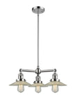 207-PC-G2 3-Light 21.625" Polished Chrome Chandelier - Clear Halophane Glass - LED Bulb - Dimmensions: 21.625 x 21.625 x 8<br>Minimum Height : 17.125<br>Maximum Height : 41.125 - Sloped Ceiling Compatible: Yes