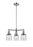 207-PC-G52 3-Light 19" Polished Chrome Chandelier - Clear Small Bell Glass - LED Bulb - Dimmensions: 19 x 19 x 11<br>Minimum Height : 20.875<br>Maximum Height : 44.875 - Sloped Ceiling Compatible: Yes