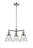 207-PC-G62 3-Light 19" Polished Chrome Chandelier - Clear Small Cone Glass - LED Bulb - Dimmensions: 19 x 19 x 11<br>Minimum Height : 20.875<br>Maximum Height : 44.875 - Sloped Ceiling Compatible: Yes