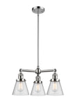207-PC-G64 3-Light 19" Polished Chrome Chandelier - Seedy Small Cone Glass - LED Bulb - Dimmensions: 19 x 19 x 11<br>Minimum Height : 20.875<br>Maximum Height : 44.875 - Sloped Ceiling Compatible: Yes