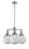 207-PN-G202-8 3-Light 22" Polished Nickel Chandelier - Clear Beacon Glass - LED Bulb - Dimmensions: 22 x 22 x 13.75<br>Minimum Height : 22.875<br>Maximum Height : 46.875 - Sloped Ceiling Compatible: Yes