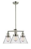 207-PN-G44 3-Light 22" Polished Nickel Chandelier - Seedy Large Cone Glass - LED Bulb - Dimmensions: 22 x 22 x 13<br>Minimum Height : 21.125<br>Maximum Height : 45.125 - Sloped Ceiling Compatible: Yes