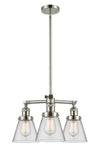 207-PN-G62 3-Light 19" Polished Nickel Chandelier - Clear Small Cone Glass - LED Bulb - Dimmensions: 19 x 19 x 11<br>Minimum Height : 20.875<br>Maximum Height : 44.875 - Sloped Ceiling Compatible: Yes