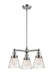 207-PN-G64 3-Light 19" Polished Nickel Chandelier - Seedy Small Cone Glass - LED Bulb - Dimmensions: 19 x 19 x 11<br>Minimum Height : 20.875<br>Maximum Height : 44.875 - Sloped Ceiling Compatible: Yes