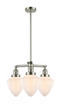 207-PN-G661-7 3-Light 20" Polished Nickel Chandelier - Matte White Cased Small Bullet Glass - LED Bulb - Dimmensions: 20 x 20 x 17<br>Minimum Height : 26<br>Maximum Height : 50 - Sloped Ceiling Compatible: Yes