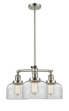 207-PN-G72 3-Light 22" Polished Nickel Chandelier - Clear Large Bell Glass - LED Bulb - Dimmensions: 22 x 22 x 11<br>Minimum Height : 20.875<br>Maximum Height : 44.875 - Sloped Ceiling Compatible: Yes