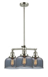 207-PN-G73 3-Light 22" Polished Nickel Chandelier - Plated Smoke Large Bell Glass - LED Bulb - Dimmensions: 22 x 22 x 11<br>Minimum Height : 20.875<br>Maximum Height : 44.875 - Sloped Ceiling Compatible: Yes