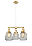 207-SG-G142 3-Light 24" Satin Gold Chandelier - Clear Chatham Glass - LED Bulb - Dimmensions: 24 x 24 x 15<br>Minimum Height : 21.875<br>Maximum Height : 45.875 - Sloped Ceiling Compatible: Yes