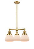 207-SG-G171 3-Light 22" Satin Gold Chandelier - Matte White Cased Fulton Glass - LED Bulb - Dimmensions: 22 x 22 x 13<br>Minimum Height : 20.375<br>Maximum Height : 44.375 - Sloped Ceiling Compatible: Yes