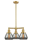 207-SG-G173 3-Light 22" Satin Gold Chandelier - Plated Smoke Fulton Glass - LED Bulb - Dimmensions: 22 x 22 x 13<br>Minimum Height : 20.375<br>Maximum Height : 44.375 - Sloped Ceiling Compatible: Yes