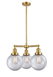 207-SG-G202-8 3-Light 22" Satin Gold Chandelier - Clear Beacon Glass - LED Bulb - Dimmensions: 22 x 22 x 13.75<br>Minimum Height : 22.875<br>Maximum Height : 46.875 - Sloped Ceiling Compatible: Yes