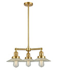 207-SG-G2 3-Light 21.625" Satin Gold Chandelier - Clear Halophane Glass - LED Bulb - Dimmensions: 21.625 x 21.625 x 8<br>Minimum Height : 17.125<br>Maximum Height : 41.125 - Sloped Ceiling Compatible: Yes