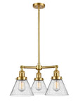 207-SG-G44 3-Light 22" Satin Gold Chandelier - Seedy Large Cone Glass - LED Bulb - Dimmensions: 22 x 22 x 13<br>Minimum Height : 21.125<br>Maximum Height : 45.125 - Sloped Ceiling Compatible: Yes