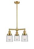 207-SG-G52 3-Light 19" Satin Gold Chandelier - Clear Small Bell Glass - LED Bulb - Dimmensions: 19 x 19 x 11<br>Minimum Height : 20.875<br>Maximum Height : 44.875 - Sloped Ceiling Compatible: Yes