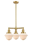 207-SG-G531 3-Light 20" Satin Gold Chandelier - Matte White Cased Small Oxford Glass - LED Bulb - Dimmensions: 20 x 20 x 10<br>Minimum Height : 20.875<br>Maximum Height : 44.875 - Sloped Ceiling Compatible: Yes