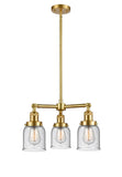 207-SG-G54 3-Light 19" Satin Gold Chandelier - Seedy Small Bell Glass - LED Bulb - Dimmensions: 19 x 19 x 11<br>Minimum Height : 20.875<br>Maximum Height : 44.875 - Sloped Ceiling Compatible: Yes