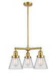 207-SG-G62 3-Light 19" Satin Gold Chandelier - Clear Small Cone Glass - LED Bulb - Dimmensions: 19 x 19 x 11<br>Minimum Height : 20.875<br>Maximum Height : 44.875 - Sloped Ceiling Compatible: Yes