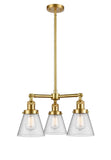 207-SG-G64 3-Light 19" Satin Gold Chandelier - Seedy Small Cone Glass - LED Bulb - Dimmensions: 19 x 19 x 11<br>Minimum Height : 20.875<br>Maximum Height : 44.875 - Sloped Ceiling Compatible: Yes