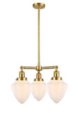 207-SG-G661-7 3-Light 20" Satin Gold Chandelier - Matte White Cased Small Bullet Glass - LED Bulb - Dimmensions: 20 x 20 x 17<br>Minimum Height : 26<br>Maximum Height : 50 - Sloped Ceiling Compatible: Yes