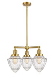207-SG-G664-7 3-Light 20" Satin Gold Chandelier - Seedy Small Bullet Glass - LED Bulb - Dimmensions: 20 x 20 x 17<br>Minimum Height : 26<br>Maximum Height : 50 - Sloped Ceiling Compatible: Yes