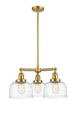 207-SG-G713 3-Light 22" Satin Gold Chandelier - Clear Deco Swirl Large Bell Glass - LED Bulb - Dimmensions: 22 x 22 x 11<br>Minimum Height : 20.875<br>Maximum Height : 44.875 - Sloped Ceiling Compatible: Yes