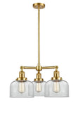 207-SG-G72 3-Light 22" Satin Gold Chandelier - Clear Large Bell Glass - LED Bulb - Dimmensions: 22 x 22 x 11<br>Minimum Height : 20.875<br>Maximum Height : 44.875 - Sloped Ceiling Compatible: Yes