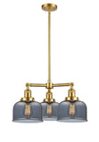 207-SG-G73 3-Light 22" Satin Gold Chandelier - Plated Smoke Large Bell Glass - LED Bulb - Dimmensions: 22 x 22 x 11<br>Minimum Height : 20.875<br>Maximum Height : 44.875 - Sloped Ceiling Compatible: Yes