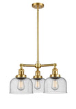 207-SG-G74 3-Light 22" Satin Gold Chandelier - Seedy Large Bell Glass - LED Bulb - Dimmensions: 22 x 22 x 11<br>Minimum Height : 20.875<br>Maximum Height : 44.875 - Sloped Ceiling Compatible: Yes