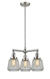 207-SN-G142 3-Light 24" Brushed Satin Nickel Chandelier - Clear Chatham Glass - LED Bulb - Dimmensions: 24 x 24 x 15<br>Minimum Height : 21.875<br>Maximum Height : 45.875 - Sloped Ceiling Compatible: Yes