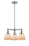 207-SN-G171 3-Light 22" Brushed Satin Nickel Chandelier - Matte White Cased Fulton Glass - LED Bulb - Dimmensions: 22 x 22 x 13<br>Minimum Height : 20.375<br>Maximum Height : 44.375 - Sloped Ceiling Compatible: Yes