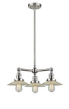 207-SN-G2 3-Light 21.625" Brushed Satin Nickel Chandelier - Clear Halophane Glass - LED Bulb - Dimmensions: 21.625 x 21.625 x 8<br>Minimum Height : 17.125<br>Maximum Height : 41.125 - Sloped Ceiling Compatible: Yes