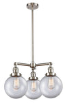 207-SN-G202-8 3-Light 22" Brushed Satin Nickel Chandelier - Clear Beacon Glass - LED Bulb - Dimmensions: 22 x 22 x 13.75<br>Minimum Height : 22.875<br>Maximum Height : 46.875 - Sloped Ceiling Compatible: Yes