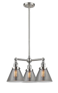 207-AB-G43 3-Light 22" Antique Brass Chandelier - Plated Smoke Large Cone Glass - LED Bulb - Dimmensions: 22 x 22 x 13<br>Minimum Height : 21.125<br>Maximum Height : 45.125 - Sloped Ceiling Compatible: Yes