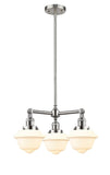207-SN-G531 3-Light 20" Brushed Satin Nickel Chandelier - Matte White Cased Small Oxford Glass - LED Bulb - Dimmensions: 20 x 20 x 10<br>Minimum Height : 20.875<br>Maximum Height : 44.875 - Sloped Ceiling Compatible: Yes