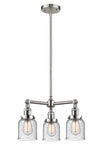 207-SN-G54 3-Light 19" Brushed Satin Nickel Chandelier - Seedy Small Bell Glass - LED Bulb - Dimmensions: 19 x 19 x 11<br>Minimum Height : 20.875<br>Maximum Height : 44.875 - Sloped Ceiling Compatible: Yes