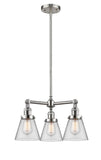207-SN-G62 3-Light 19" Brushed Satin Nickel Chandelier - Clear Small Cone Glass - LED Bulb - Dimmensions: 19 x 19 x 11<br>Minimum Height : 20.875<br>Maximum Height : 44.875 - Sloped Ceiling Compatible: Yes