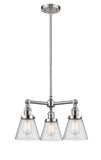 207-SN-G64 3-Light 19" Brushed Satin Nickel Chandelier - Seedy Small Cone Glass - LED Bulb - Dimmensions: 19 x 19 x 11<br>Minimum Height : 20.875<br>Maximum Height : 44.875 - Sloped Ceiling Compatible: Yes