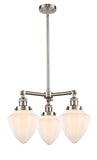 207-SN-G661-7 3-Light 20" Brushed Satin Nickel Chandelier - Matte White Cased Small Bullet Glass - LED Bulb - Dimmensions: 20 x 20 x 17<br>Minimum Height : 26<br>Maximum Height : 50 - Sloped Ceiling Compatible: Yes