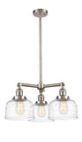 207-SN-G713 3-Light 22" Brushed Satin Nickel Chandelier - Clear Deco Swirl Large Bell Glass - LED Bulb - Dimmensions: 22 x 22 x 11<br>Minimum Height : 20.875<br>Maximum Height : 44.875 - Sloped Ceiling Compatible: Yes