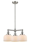 207-SN-G71 3-Light 22" Brushed Satin Nickel Chandelier - Matte White Cased Large Bell Glass - LED Bulb - Dimmensions: 22 x 22 x 11<br>Minimum Height : 20.875<br>Maximum Height : 44.875 - Sloped Ceiling Compatible: Yes