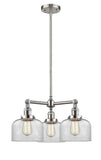 207-SN-G72 3-Light 22" Brushed Satin Nickel Chandelier - Clear Large Bell Glass - LED Bulb - Dimmensions: 22 x 22 x 11<br>Minimum Height : 20.875<br>Maximum Height : 44.875 - Sloped Ceiling Compatible: Yes