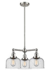 207-SN-G74 3-Light 22" Brushed Satin Nickel Chandelier - Seedy Large Bell Glass - LED Bulb - Dimmensions: 22 x 22 x 11<br>Minimum Height : 20.875<br>Maximum Height : 44.875 - Sloped Ceiling Compatible: Yes