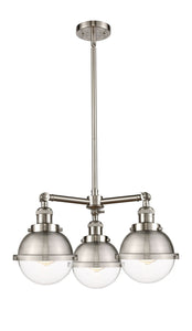 207-SN-HFS-62-SN 3-Light 20.375" Brushed Satin Nickel Chandelier - Clear Hampden Glass - LED Bulb - Dimmensions: 20.375 x 20.375 x 12.25<br>Minimum Height : 21.25<br>Maximum Height : 45.25 - Sloped Ceiling Compatible: Yes