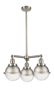 207-SN-HFS-64-SN 3-Light 20.375" Brushed Satin Nickel Chandelier - Seedy Hampden Glass - LED Bulb - Dimmensions: 20.375 x 20.375 x 12.25<br>Minimum Height : 21.25<br>Maximum Height : 45.25 - Sloped Ceiling Compatible: Yes