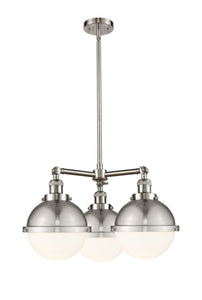 207-SN-HFS-81-SN 3-Light 22.125" Brushed Satin Nickel Chandelier - Matte White Hampden Glass - LED Bulb - Dimmensions: 22.125 x 13 x 14.375<br>Minimum Height : 23.375<br>Maximum Height : 47.375 - Sloped Ceiling Compatible: Yes